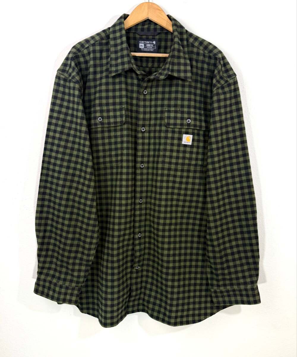 Carhartt Heavyweight Flannel Shirt Green Black Long-Sleeve Plaid Loose Fit 2XL